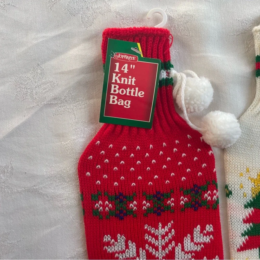 Vtg Ugly Christmas Sweater Knit Bottle Covers Gift Bags w Pom Poms Set of 3 NOS